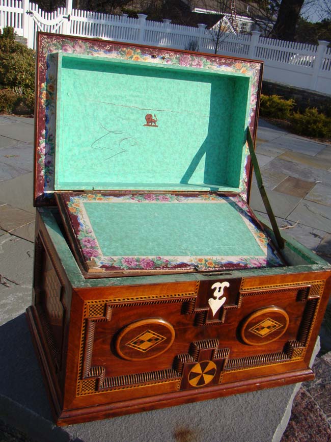 A FABULOUS 19th century British sailor-made walnut chest with applied moldings, fruitwood inlays and a whalebone keyhole escutcheon circa 1865-1880. — image 9
